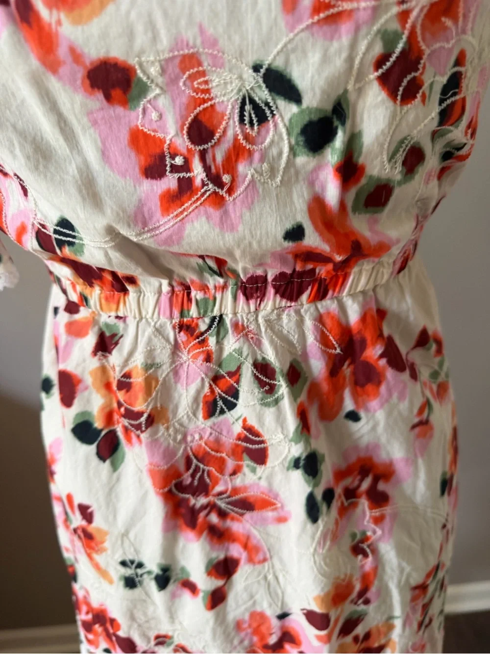 Sam Edelman Floral Lace-Trim Embroidered Midi Dress in Cream and Coral XSmall